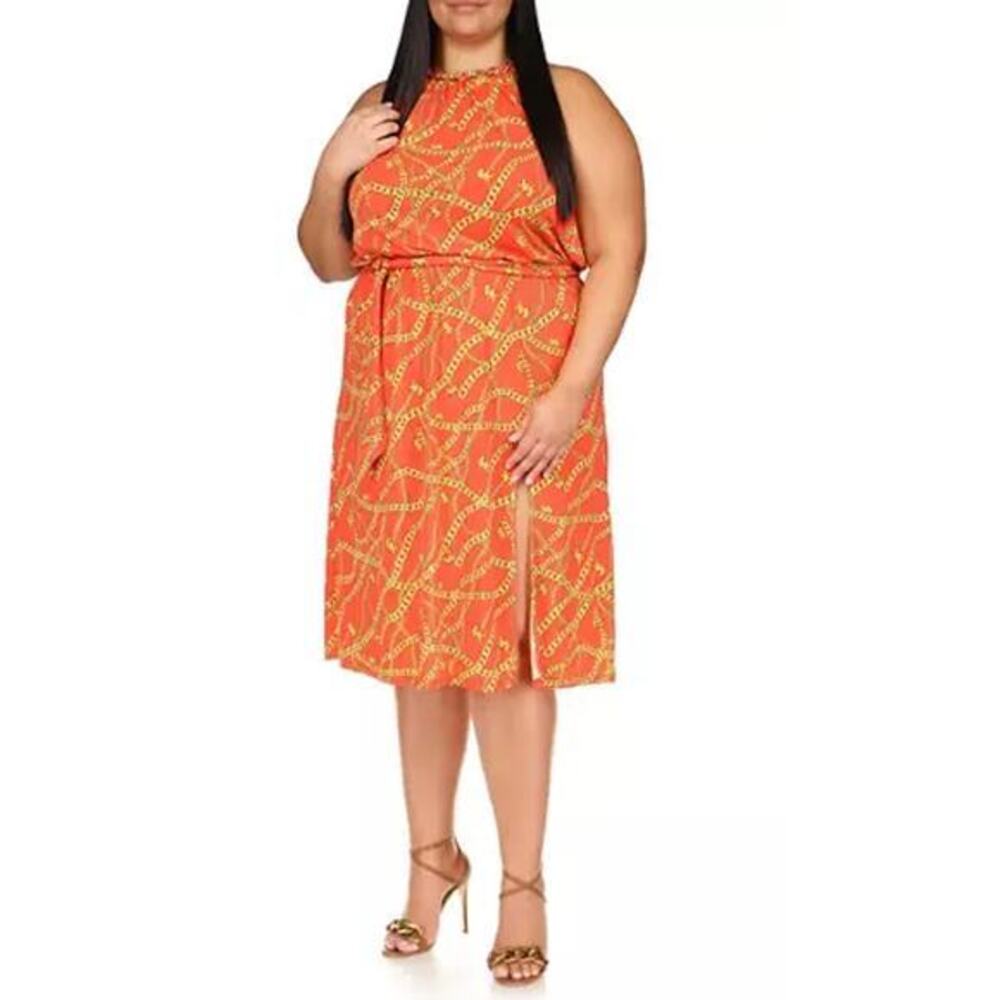MICHAEL Michael Kors Orange Gold Chain Print Belted Dress Plus Size 3X NWT
